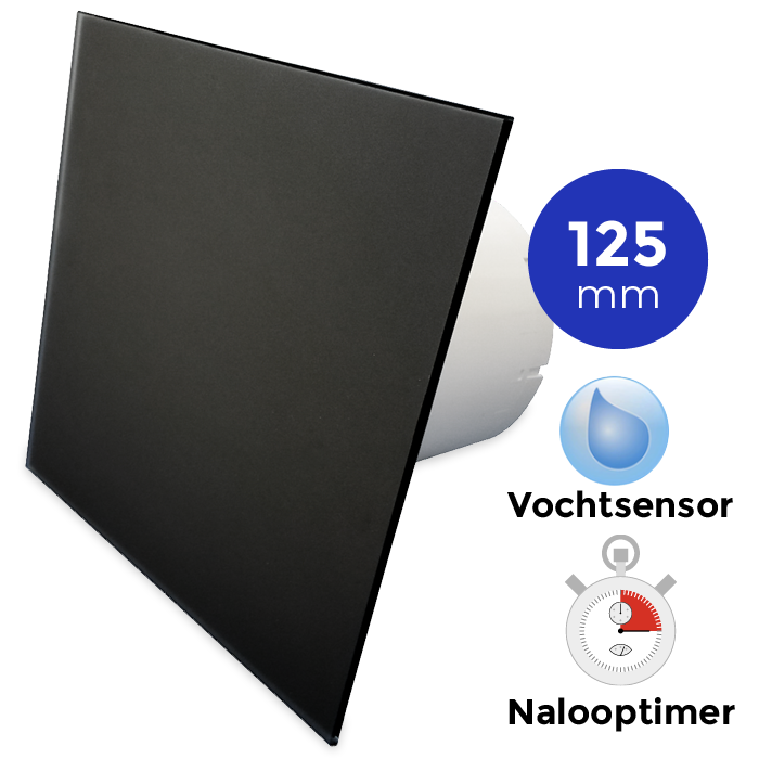 Pro-design Badkamerventilator - Timer + Vochtsensor (kw125h) - Ø 125mm - Vlak Glas - Mat Zwart